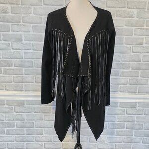 Ariat Trenton Faux Leather Fringe Open Front Waterfall Cardigan Black NEW M